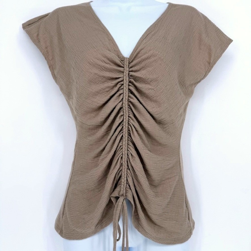 Max Studio Womens‎ Brown Ruched Braided Drawstring V-Neck Top Small Earthy Boho